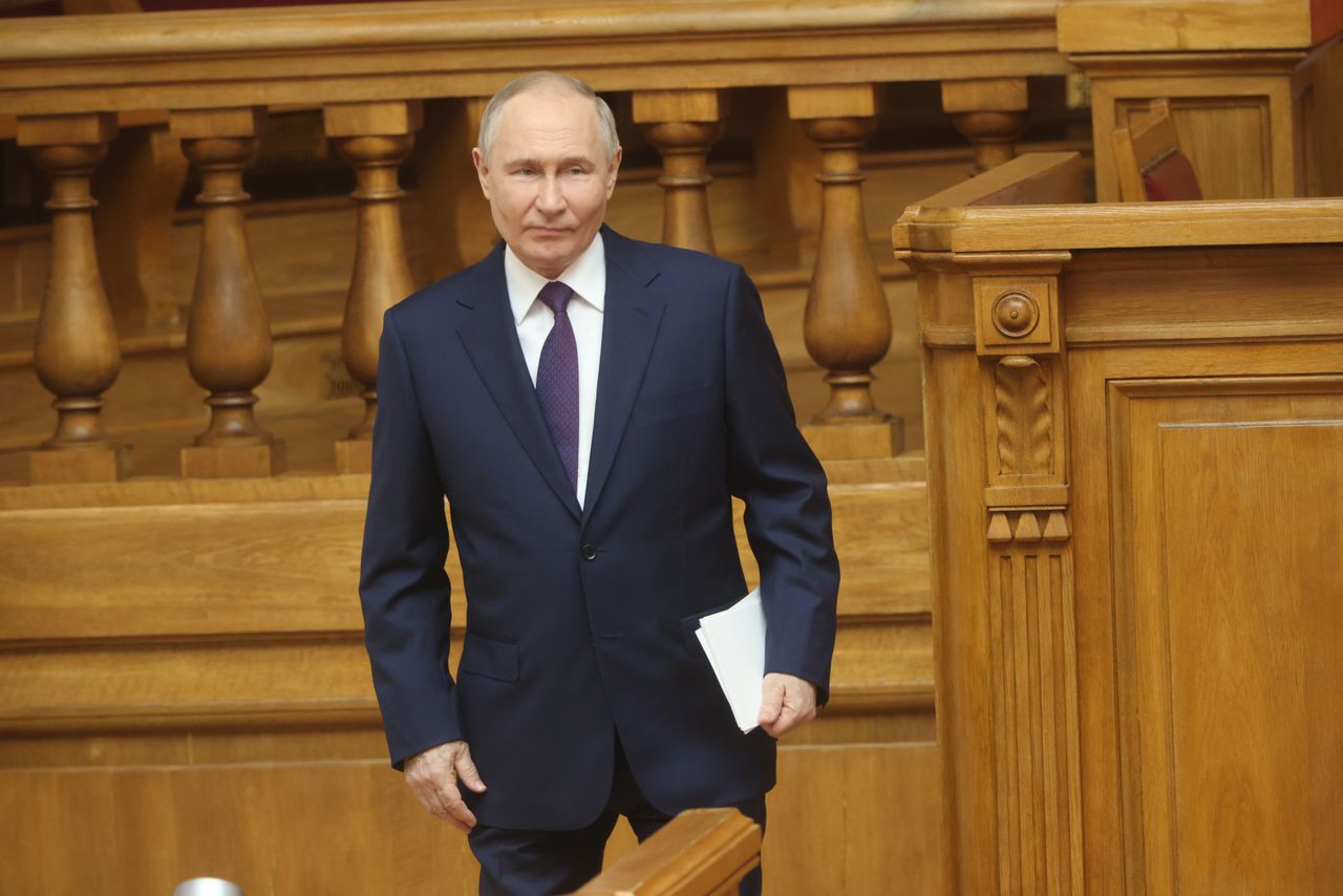 SAINT PETERSBURG, RUSSIA - APRIL 26: (RUSSIA OUT) Russian President Vladimir Putin grimases during the Council of Legislators plenary session on April 26, 2024, in Saint Petersburg, Russia.President Putin is having a one day trip to Saint Petersburg to attend an annual meeting of regional parliament chairmen. (Photo by Contributor/Getty Images)