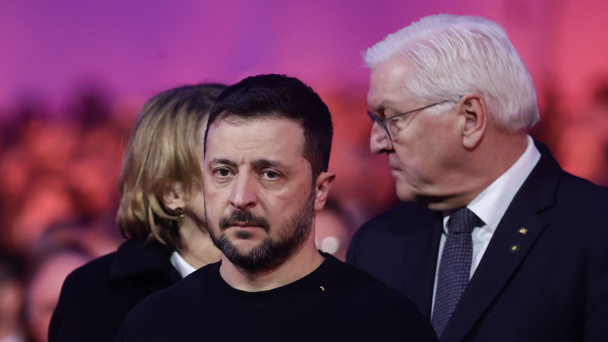 Ukrainian President Volodymy Zelensky and German President Frank Walter Steinmeier during the 80th Anniversary of the liberation of Auschwitz-Birkenau ceremony in Brzezinka near Oswiecim, Poland on January 27, 2025. (Photo by Jakub Porzycki/NurPhoto via Getty Images)