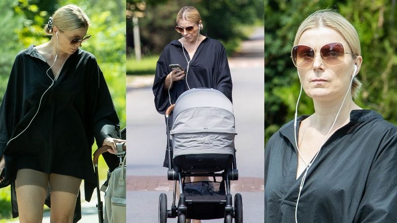 Halina Mlynkova pcha wózek na spacerze z synem Leo