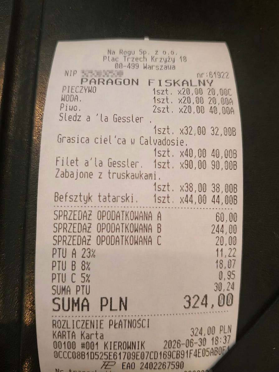 Paragon za kolację dla dwojga - restauracja Adama Gesslera
