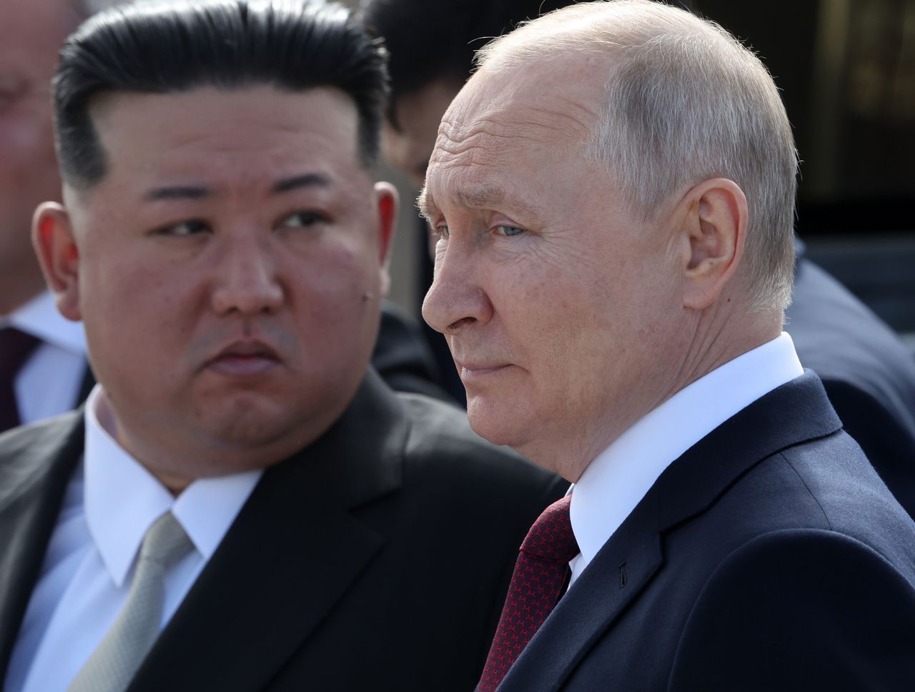 TSIOLKOVSKY, RUSSIA - SEPTEMBER 13: (RUSSIA OUT) Russian President Vladimir Putin (R) and North Korean leader Kim Jong-un (L) visit a construction site of the Angara rocket launch complex on September 13, 2023 in Tsiolkovsky, Russia. North Korean leader Kim Jong-un is in Russia for talks with Russian President Putin. (Photo by Contributor/Getty Images)