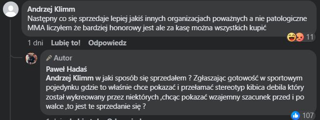 Na zdjęciu: odpowiedź Pawła Hadasia na komentarz internauty