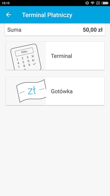 płatność można przyjąć na terminalu lub w gotówce, niestety aplikacja nie zastąpi jeszcze kasy fiskalnej