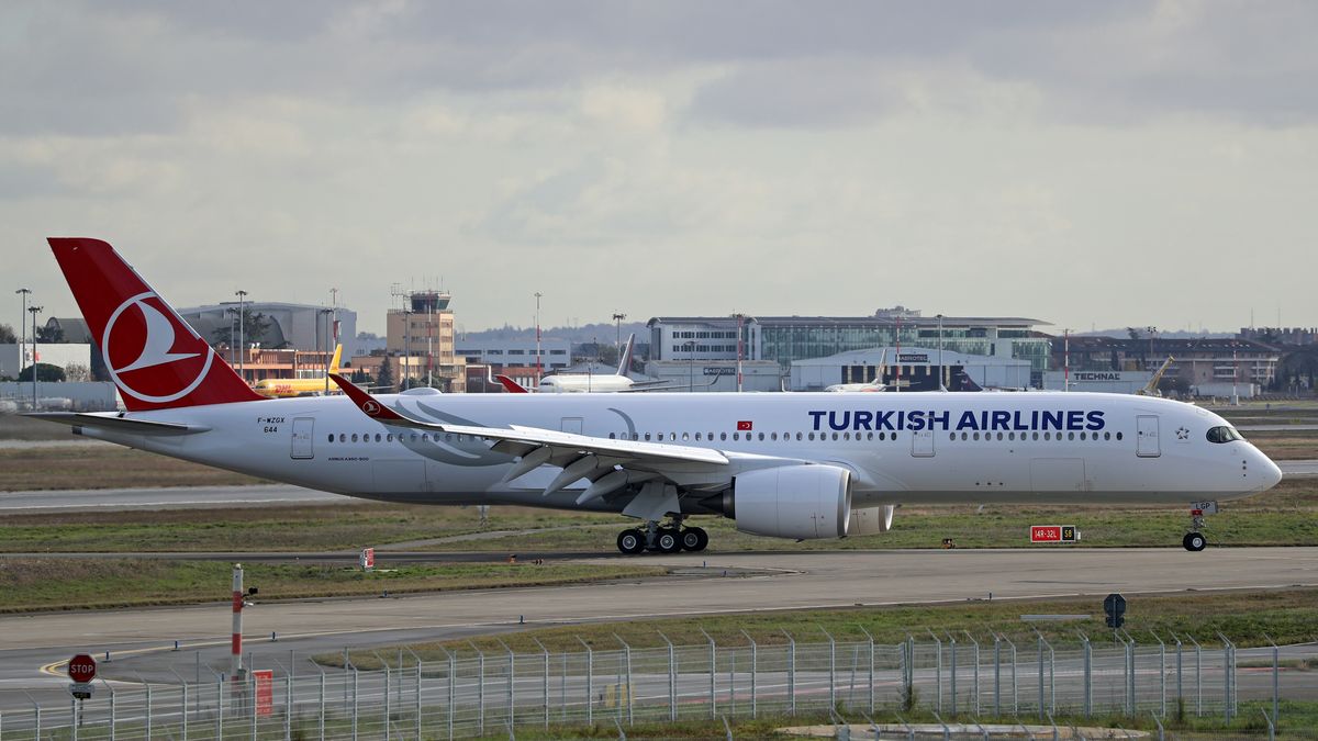 The Turkish Airlines Airbus A350-941 is undergoing its third test flight at Toulouse Blagnac Airport in Toulouse, France, on December 5, 2023. -- (Photo by Urbanandsport/NurPhoto via Getty Images)