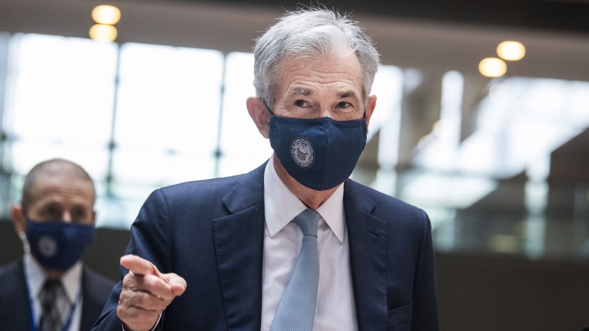 UNITED STATES - OCTOBER 6: Federal Reserve Chairman Jerome Powell leaves a meeting in the office of Sen. Chris Van Hollen, D-Md., in Hart Building on Wednesday, October 6, 2021. (Photo By Tom Williams/CQ-Roll Call, Inc via Getty Images)
