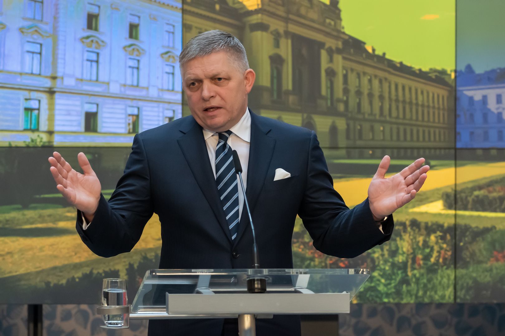 PRAGUE, CZECH REPUBLIC - 2023/11/24: Slovak prime minister Robert Fico seen during a joint press conference after the meeting of Prime ministers of Slovakia and Czech Republic. Prime minister of Slovakia Robert Fico visits the Czech Republic on his first official foreign journey where he met with his Czech counterpart Petr Fiala. Robert Fico became Slovak prime minister for the fourth time, after his political party Smer - Social Democracy party won parliament election held in September. (Photo by Tomas Tkacik/SOPA Images/LightRocket via Getty Images)