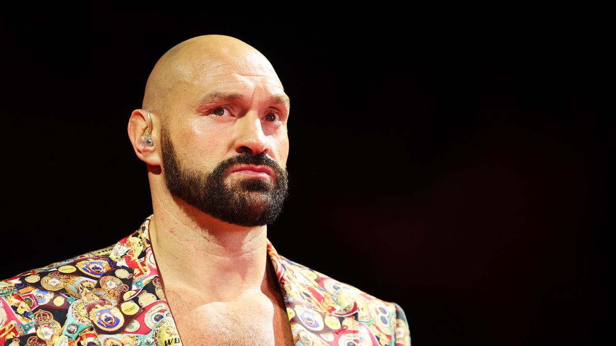 RIYADH, SAUDI ARABIA - MARCH 08: Tyson Fury looks as he is interviewed by DAZN on the Knockout Chaos boxing card at the Kingdom Arena on March 08, 2024 in Riyadh, Saudi Arabia. (Photo by Richard Pelham/Getty Images)