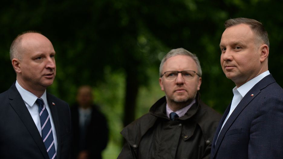 (R-L) Polish President Andrzej Duda, Krzysztof Szczerski and Wojciech Kolarski, seen near Wincenty Witos monument in Jordan Park, in Krakow.
Wincenty Witos (1874-1945), was a Polish politician and leader of the Polish People's Party (PSL), who served three times as the Prime Minister of Poland in the 1920s.
On Sunday, May 31, 2020, in Krakow, Poland. (Photo by Artur Widak/NurPhoto via Getty Images)