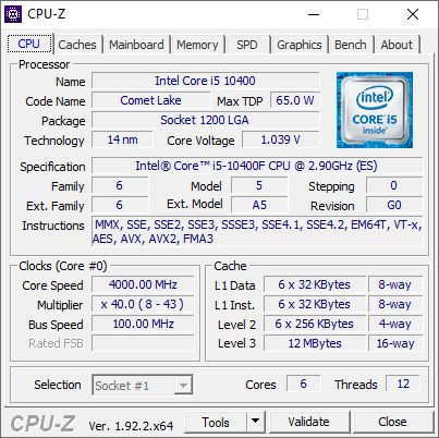 Intel Core i5-10400F - CPU-Z