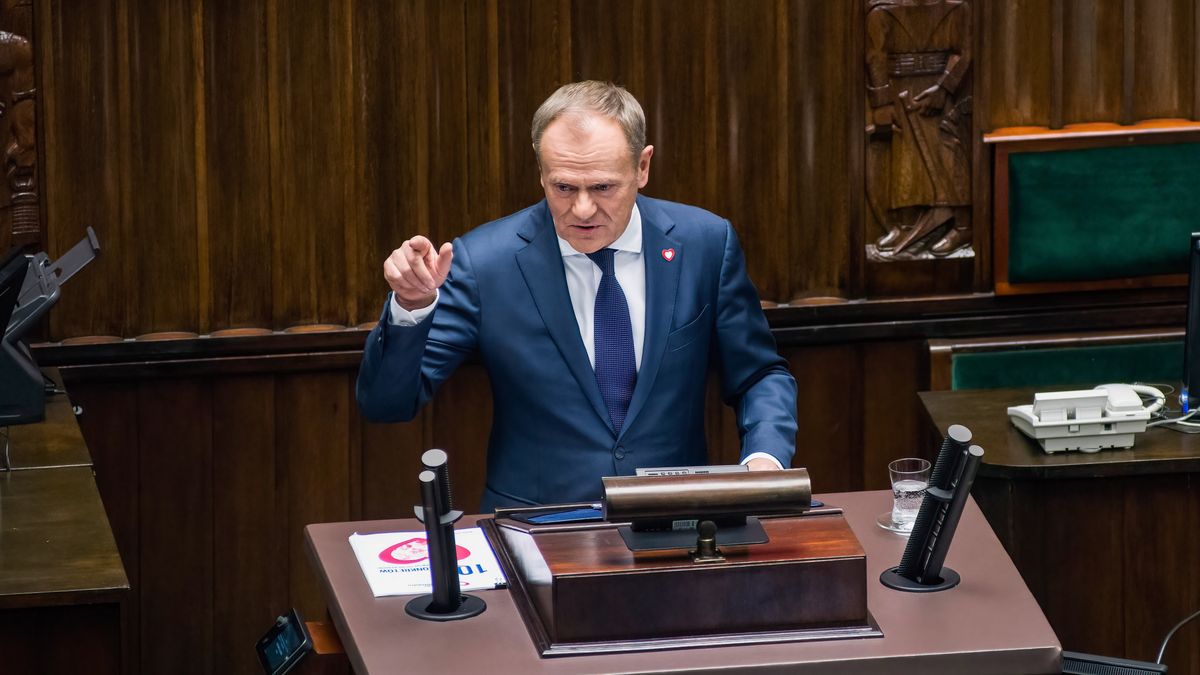 WARSAW, MASOVIAN VOIVODESHIP, POLAND - 2023/12/12: Donald Tusk at his inaugural speech as PM during the session of the parliament (Sejm). Donald Tusk presented his government to the Polish parliament (Sejm) as he became the new prime minister. Poland's newly elected PM said in his inaugural speech to parliament that he will demand full mobilization of the West to help Ukraine and also that xenophobia and anti-LGBTQ rhetoric will end and the time to be happy in Poland has come. Also, Tusk assured that the position of Poland at the European stage would be rebuilt. (Photo by Attila Husejnow/SOPA Images/LightRocket via Getty Images)