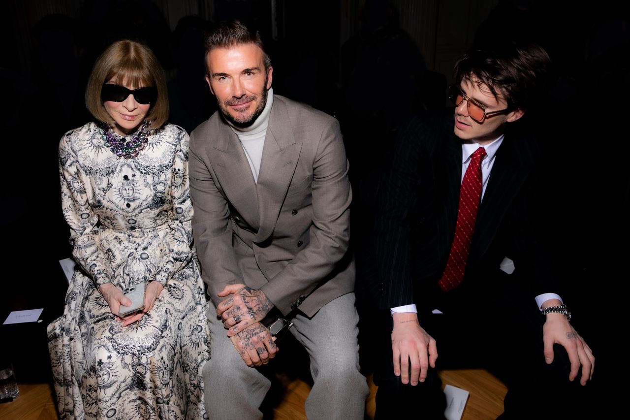 Anna Wintour, David Beckham, and Cruz Beckham at Victoria Beckham RTW Fall 2024 as part of Paris Ready to Wear Fashion Week held at Hôtel Salomon de Rothschild on March 1, 2024 in Paris, France. (Photo by Lodovico Colli di Felizzano/WWD via Getty Images)