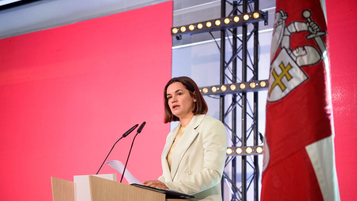 VILNIUS, LITHUANIA - 2014/01/01: The leader of the Belarusian democratic opposition Sviatlana Tsikhanouskaya speaks at a conference of Belarusian democratic forces in Vilnius. The conference of the Belarusian opposition "New Belarus" was held in Vilnius on August 3rd-4th. (Photo by Yauhen Yerchak/SOPA Images/LightRocket via Getty Images)