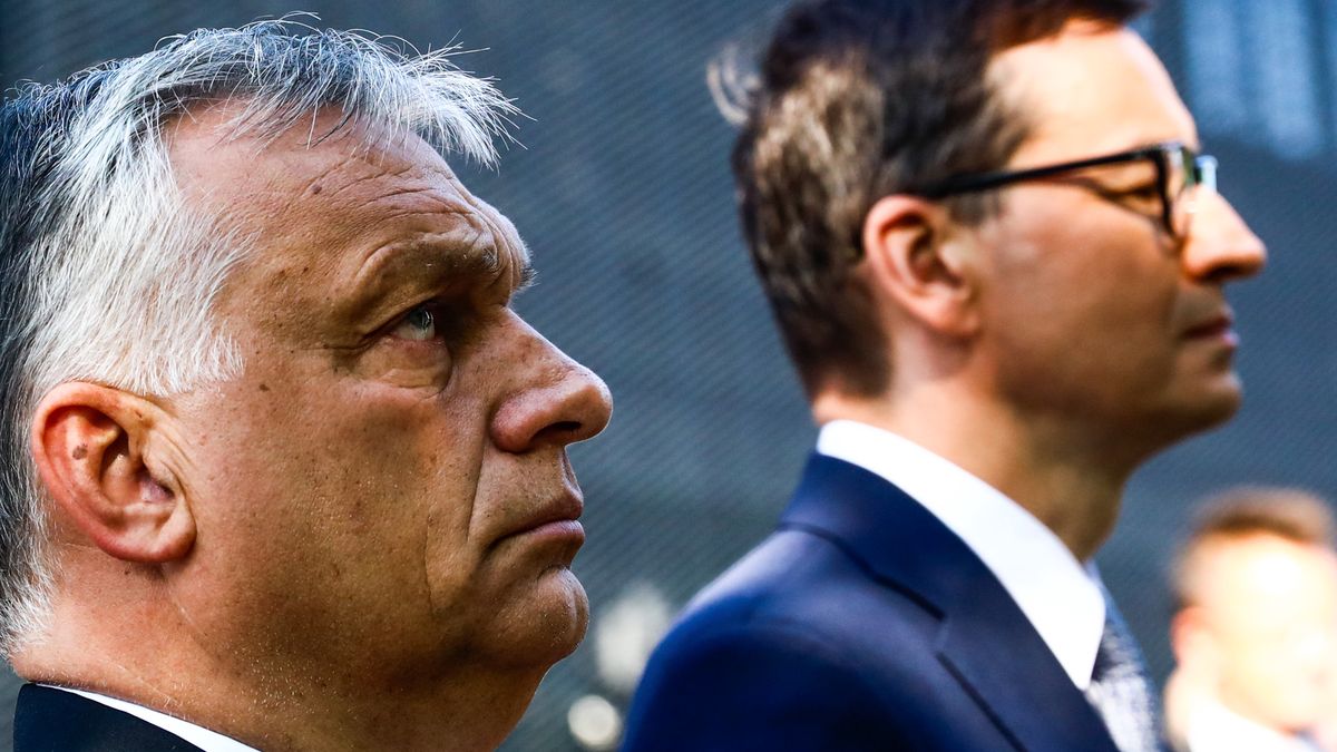 Polish Prime Minister Mateusz Morawiecki and Prime Minister of Hungary Viktor Orban attend the Visegrad Group Heads of State meeting in Katowice, Poland on June 30, 2021. The meeting concluded V4 Polands presidency and passed it to Hungary.  (Photo by Beata Zawrzel/NurPhoto via Getty Images)