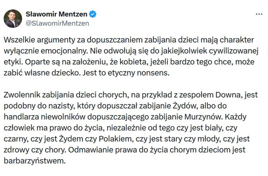 Sławomir Mentzen grzmi o aborcji na X