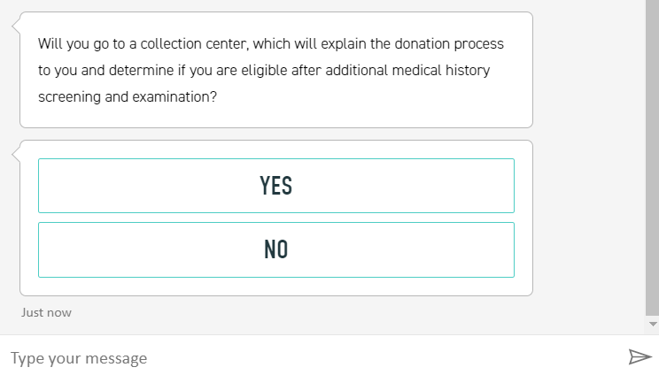 Bot zadaje pytania, a na końcu oceni, czy możesz być dawcą osocza, źródło: covig-19plasmaalliance.org