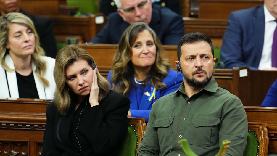 Volodymyr Zelenskiy, Ukraine's president, right, and Olena Zelenska, Ukraine's first lady, at the House of Commons on Parliament Hill in Ottawa, Ontario, Canada, on Friday, Sept. 22, 2023. Canada pledged new measures to help Ukraine on Friday during Zelenskiy's first visit since Russias invasion - including C$650 million ($482 million) over three years to supply Ukraine with 50 armored vehicles, including medical evacuation vehicles, to be built in southwestern Ontario. Photographer: Sean Kilpatrick/Canadian Press/Bloomberg via Getty Images