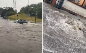 Zalane ulice w Bydgoszczy. Ściana deszczu nad miastem