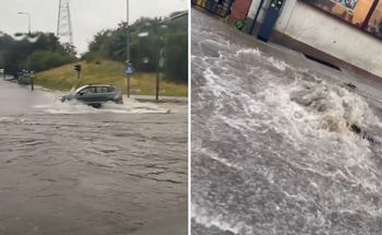 Zalane ulice w Bydgoszczy. Ściana deszczu nad miastem