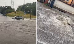 Zalane ulice w Bydgoszczy. Ściana deszczu nad miastem