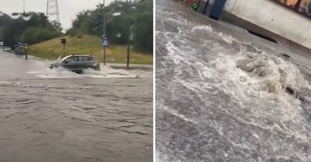 Zalane ulice w Bydgoszczy. Ściana deszczu nad miastem