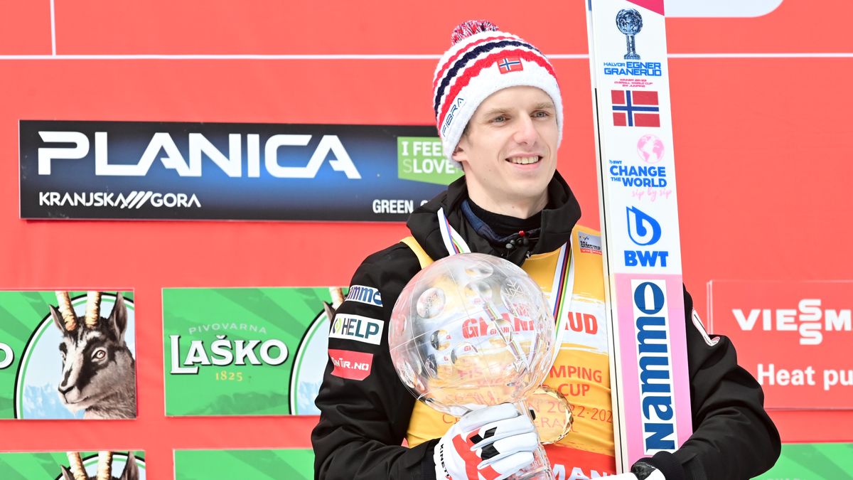 PLANICA, SLOVENIA - APRIL 02: World Cup Overall Winner Halvor Egner Granerud of Norway with the Cup at the FIS World Cup Ski Flying Men Planica on April 02, 2023 in Planica, Slovenia. (Photo by Bjoern Reichert/NordicFocus/Getty Images)