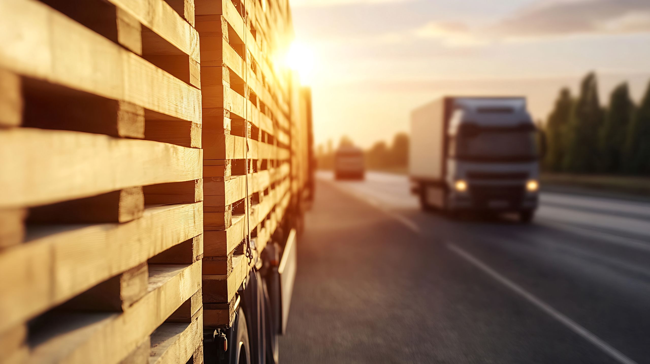 trucks, highway, sunset, pallets, transport, industry, vehicles, shipping, logistics, freight, road, transportation, delivery, orange, light, blur, scene, nature, skyway, motion, car, pavement, sun, background, business, work, driving, view, modern, city, load, commerce, supply, journey, transported, travel, silhouette, traveling, pallet, wood, transporting, environment, fade, container