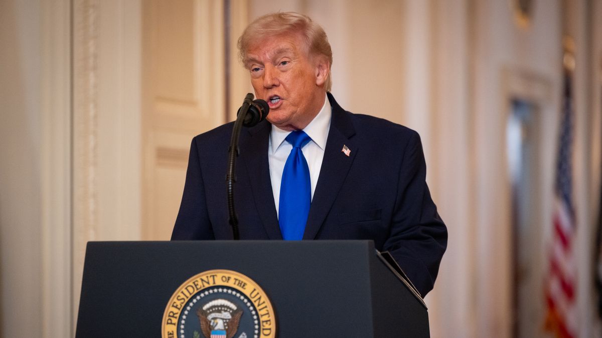 WASHINGTON, DC - FEBRUARY 23: President Donald Trump speaks during the Angel Families Remembrance Ceremony in the East Room of the White House in Washington, DC on February 23, 2026. (Photo by Nathan Posner/Anadolu via Getty Images)