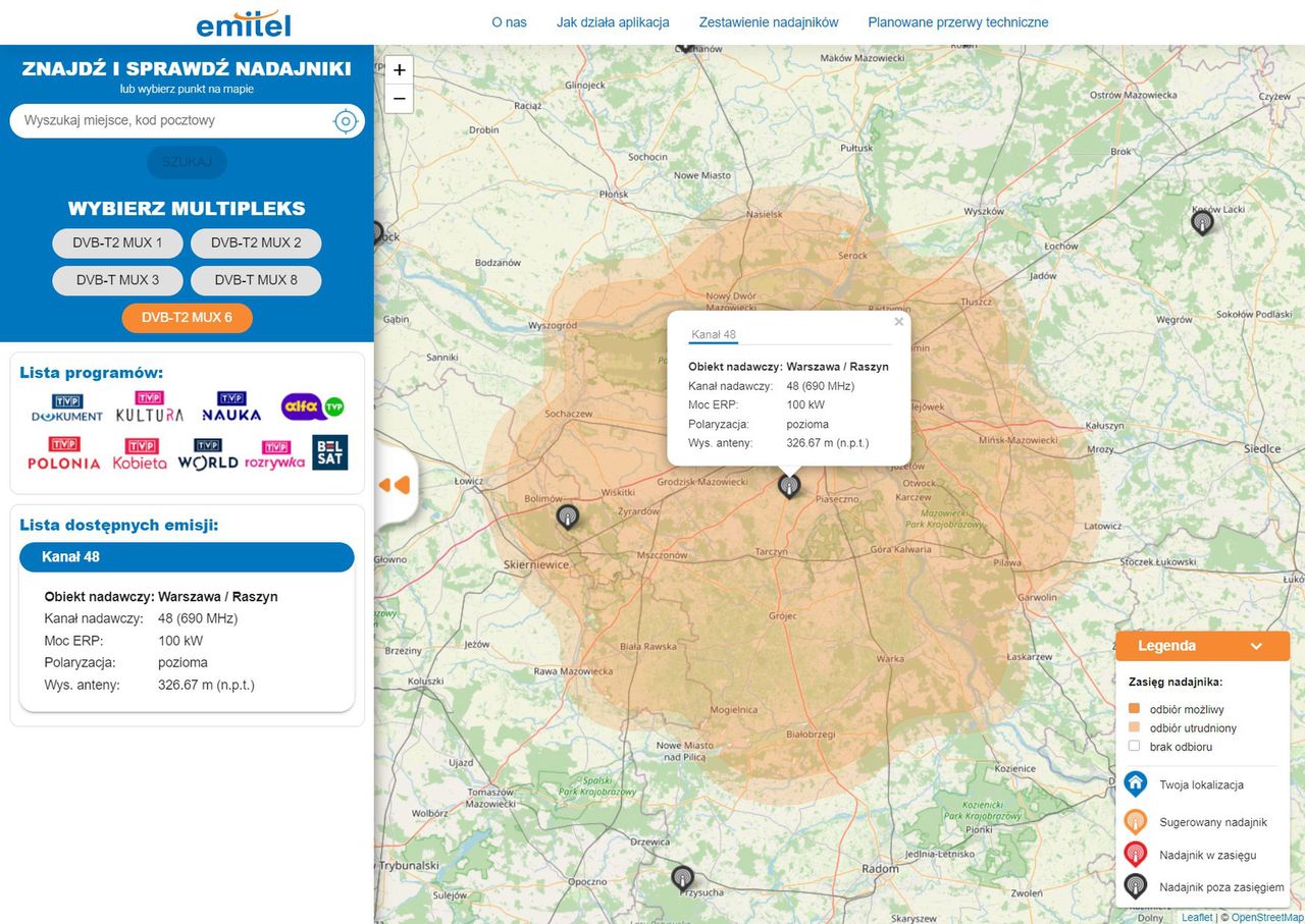 Mapa zasięgu DVB-T2 - dane przykładowego nadajnika