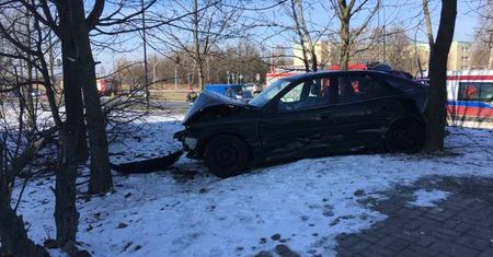Zderzenie pojazdów na al. Witosa. Opel wjechał w skwer i ściął drzewo