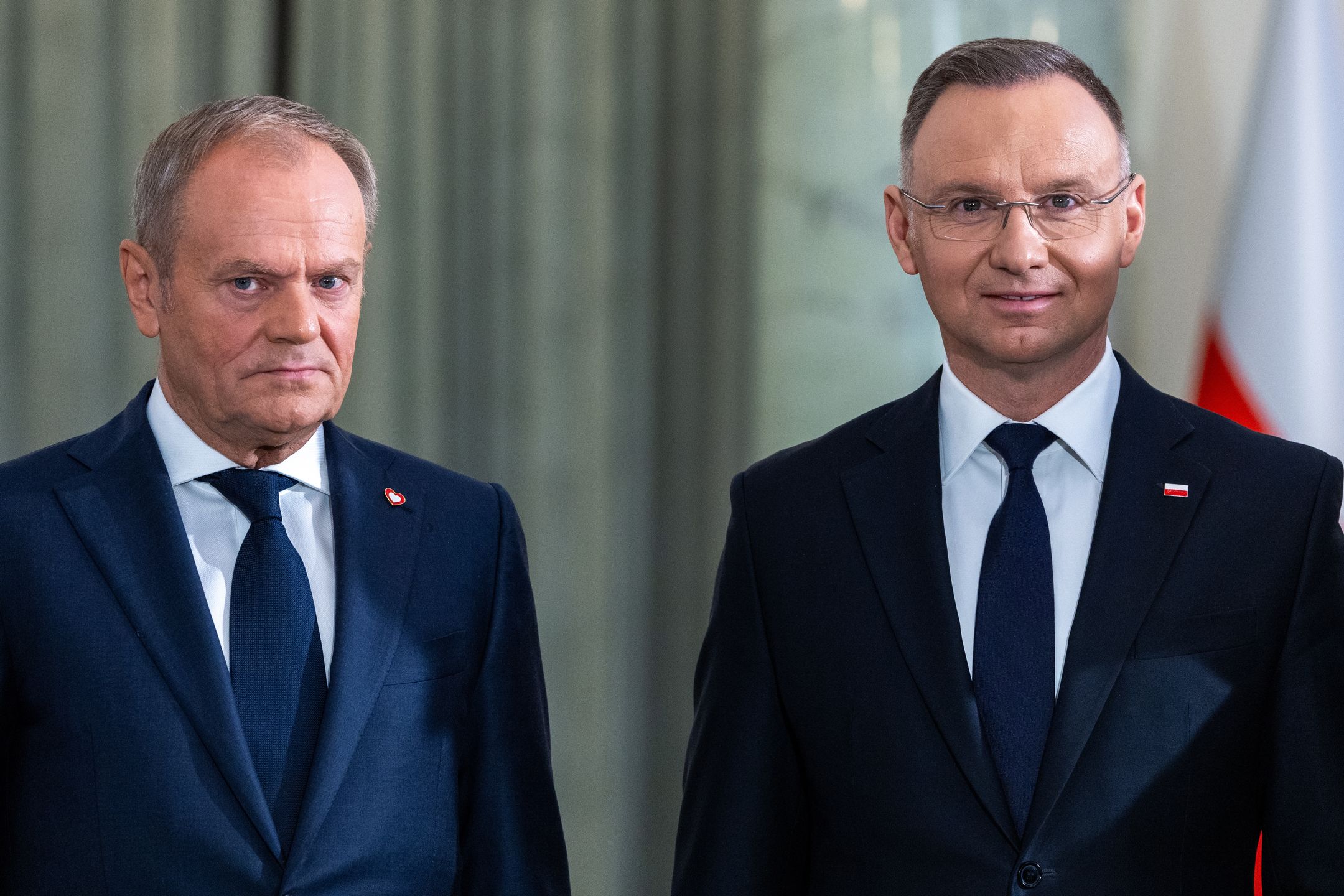 Poland&#039;s Prime Minister Donald Tusk (L) and President Andrzej Duda are attending an official ceremony to appoint new government members at the Presidential Palace in Warsaw, Poland, on May 13, 2024. (Photo by Andrzej Iwanczuk/NurPhoto via Getty Images)