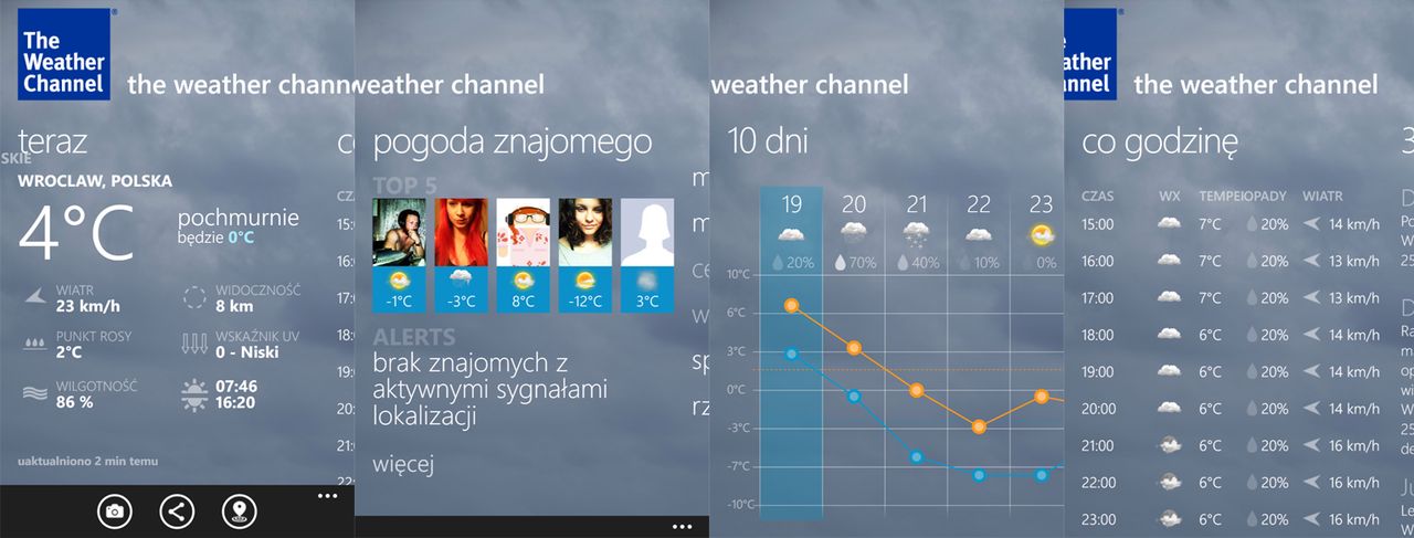 Przykładowe ekrany aplikacji Weather
