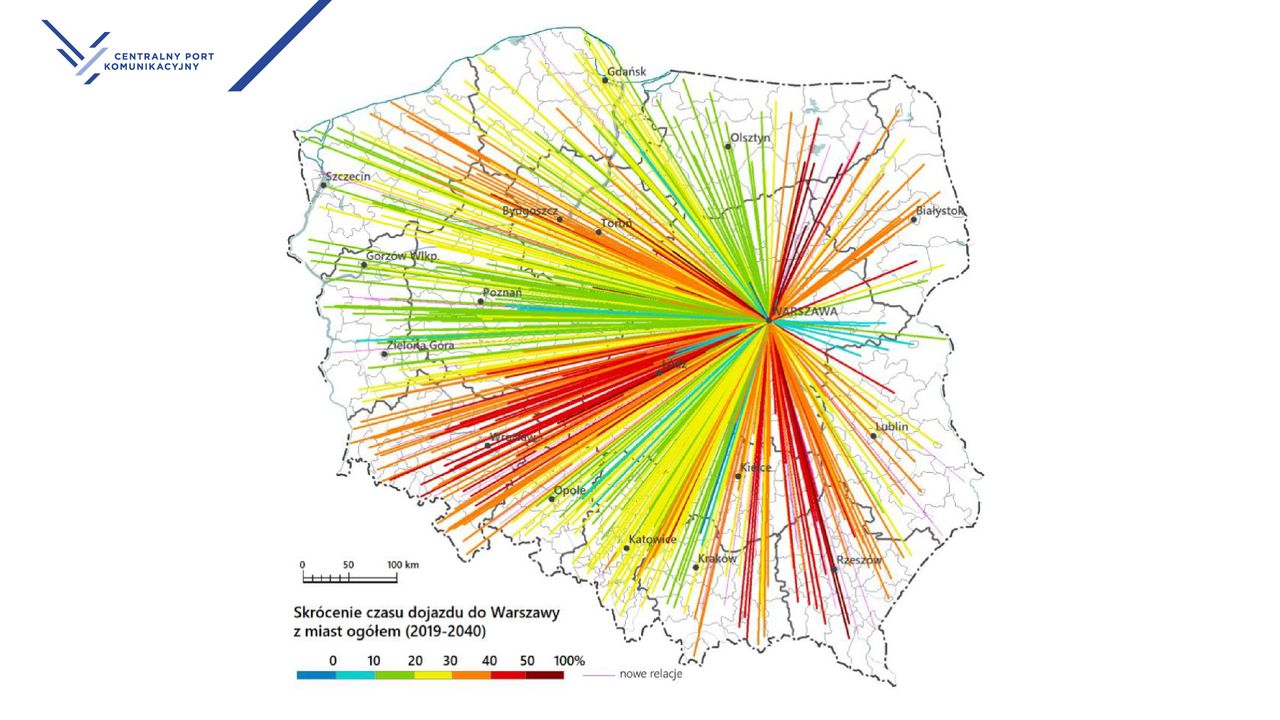 Skrócenie dojazdu z polskich miast do Warszawy do 2040 roku. 