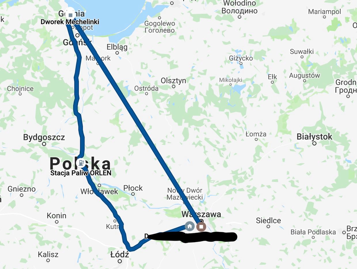 1002 km w drodze na Opener. Google Maps dość schematycznie potraktował drogę powrotną, która prowadziła krajową siódemką. 