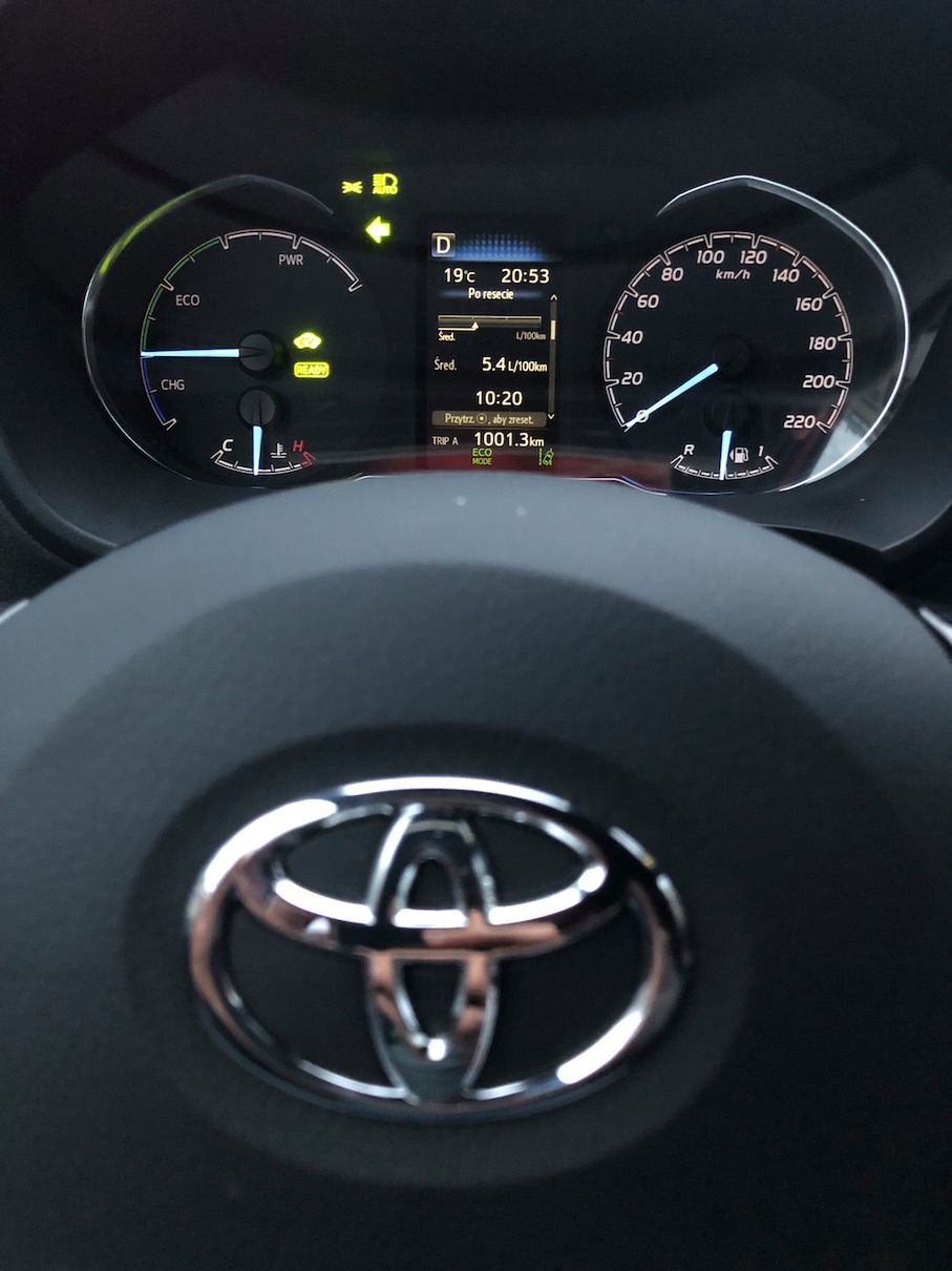 Średnie spalanie w hybrydowej Toyocie na trasie Warszawa-Gdynia-Warszawa. 