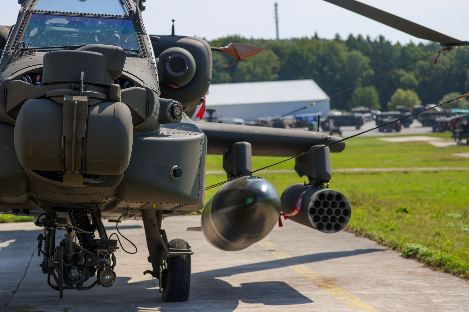 A US Army AH-64 Apache combat helicopter during the 'Saber Junction 24' US military and North Atlantic Treaty Organization (NATO) training exercise at the US Army's Hohenfels training Area in Hohenfels, Germany, on Friday, Sept. 6, 2024. Ukrainian President Volodymyr Zelenskiy reinforced his plea for allies to accelerate weapons deliveries to help halt Russian advances as he met with defense ministers in Germany. Photographer: Alex Kraus/Bloomberg via Getty Images