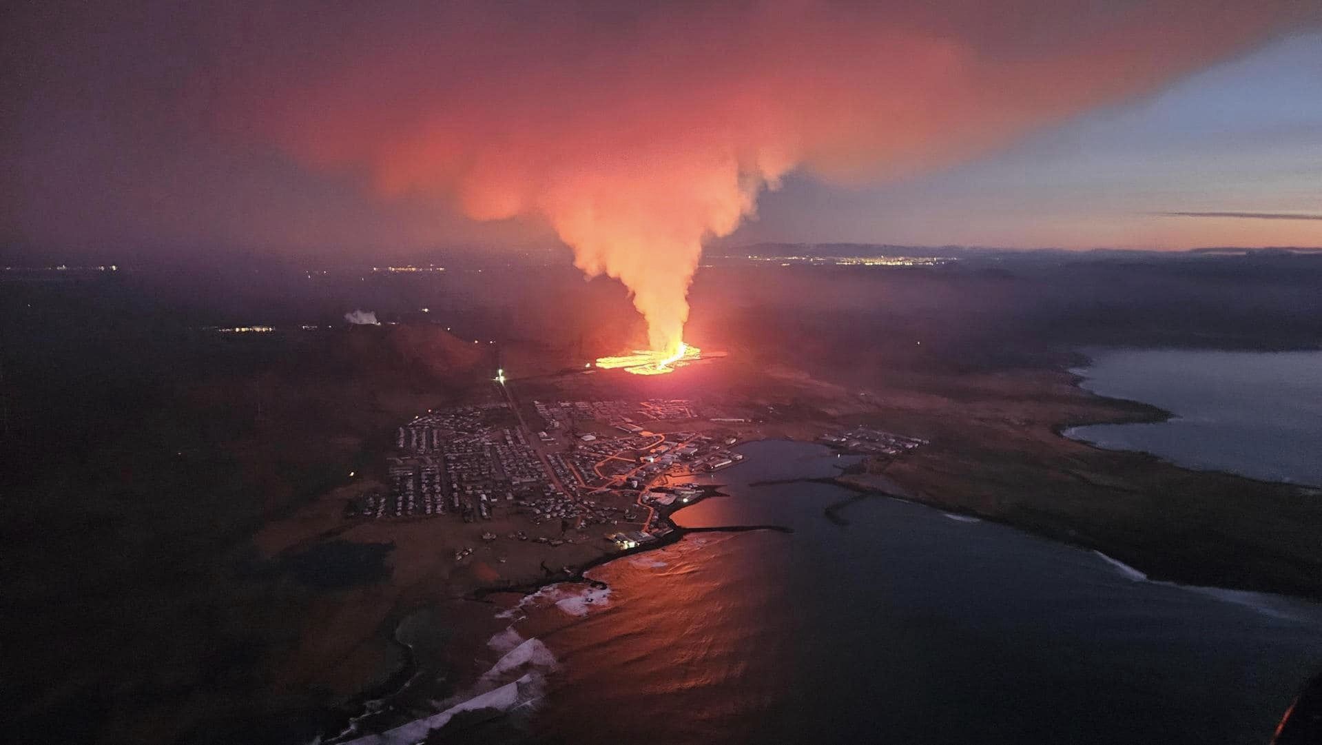 REYKJANES, ICELAND - JANUARY 14: ( ----EDITORIAL USE ONLY - MANDATORY CREDIT - 'ICELAND PUBLIC DEFENCE / HANDOUT' - NO MARKETING NO ADVERTISING CAMPAIGNS - DISTRIBUTED AS A SERVICE TO CLIENTS----) An aerial view shows lava after volcano eruption located close to Sundhnukagigar, about 4 kilometers northeast of Grindavik town of Reykjanes peninsula, Iceland on January 14, 2024. (Photo by Iceland Public Defence / Handout/Anadolu via Getty Images)
