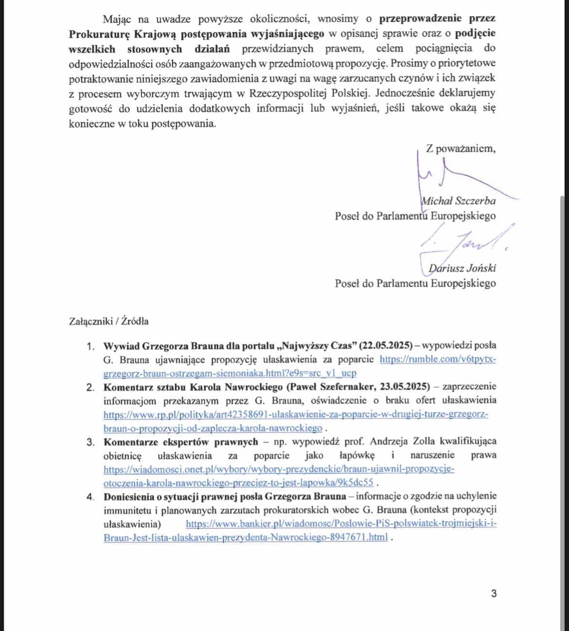 Wniosek do prokuratury w sprawie rzekomej propozycji ułaskawieni