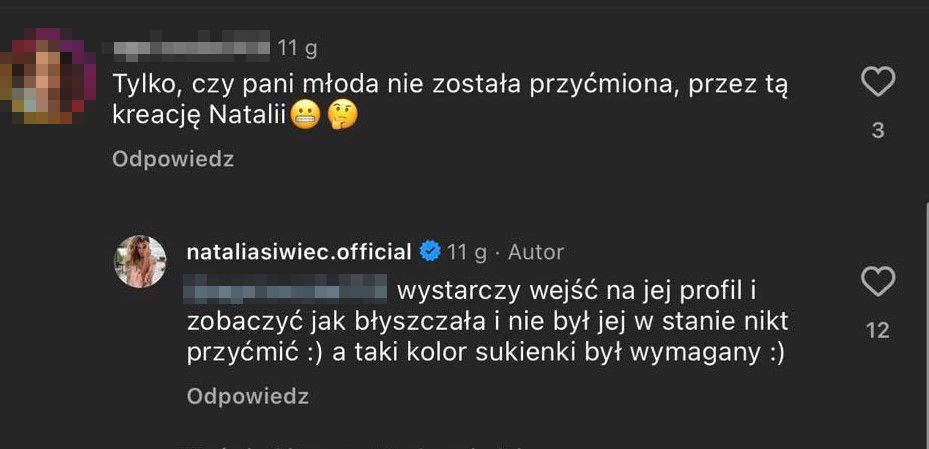 Natalia Siwiec reaguje na komentarze, że przyćmiła pannę młodą 