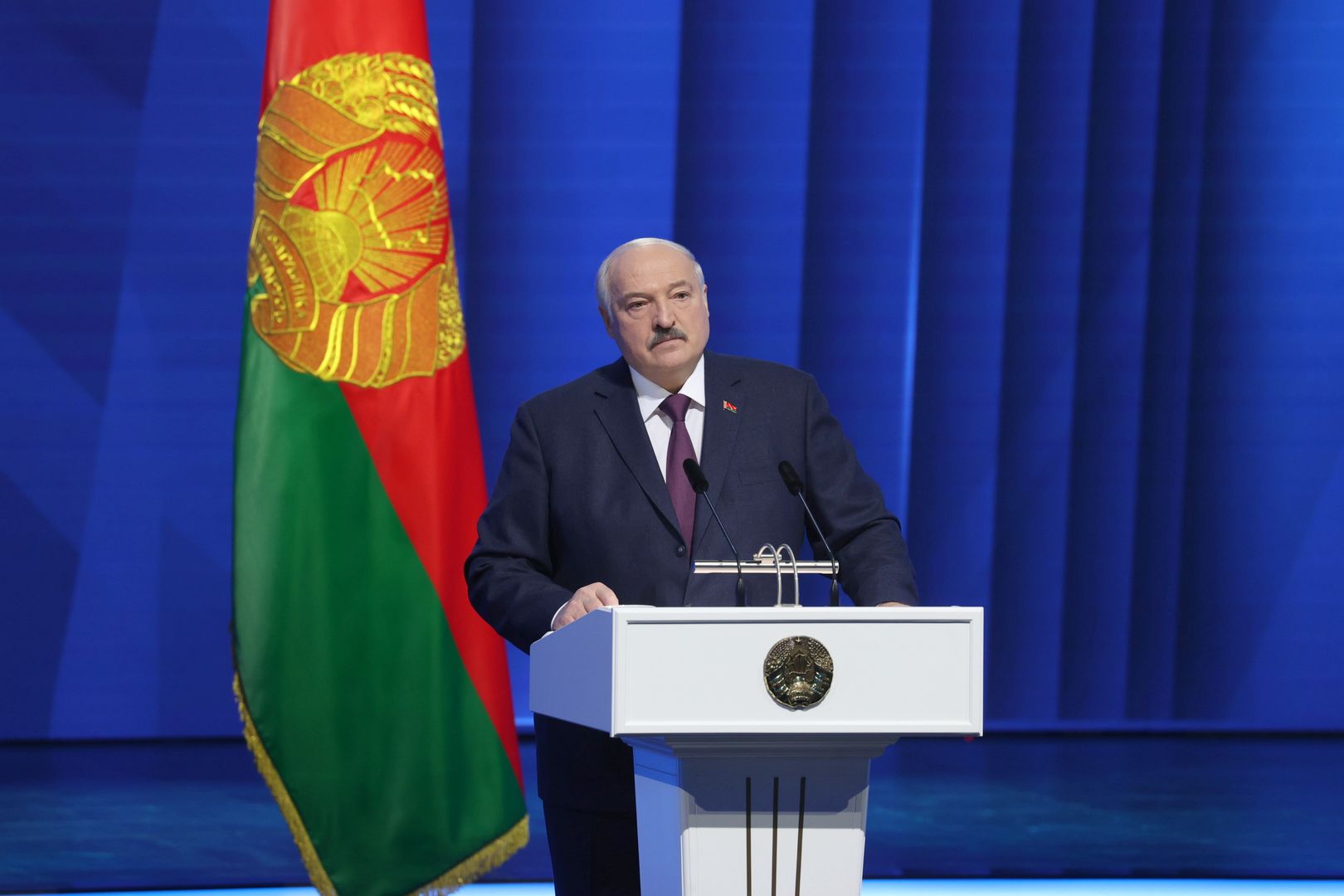 MINSK, BELARUS - MARCH 31: (----EDITORIAL USE ONLY MANDATORY CREDIT - "BELARUSIAN PRESIDENCY/ HANDOUT" - NO MARKETING NO ADVERTISING CAMPAIGNS - DISTRIBUTED AS A SERVICE TO CLIENTS----) President of Belarus Alexander Lukashenko makes state of the union address in Minsk, Belarus on March 31, 2023. (Photo by Belarusian Presidency /Handout/Anadolu Agency via Getty Images)