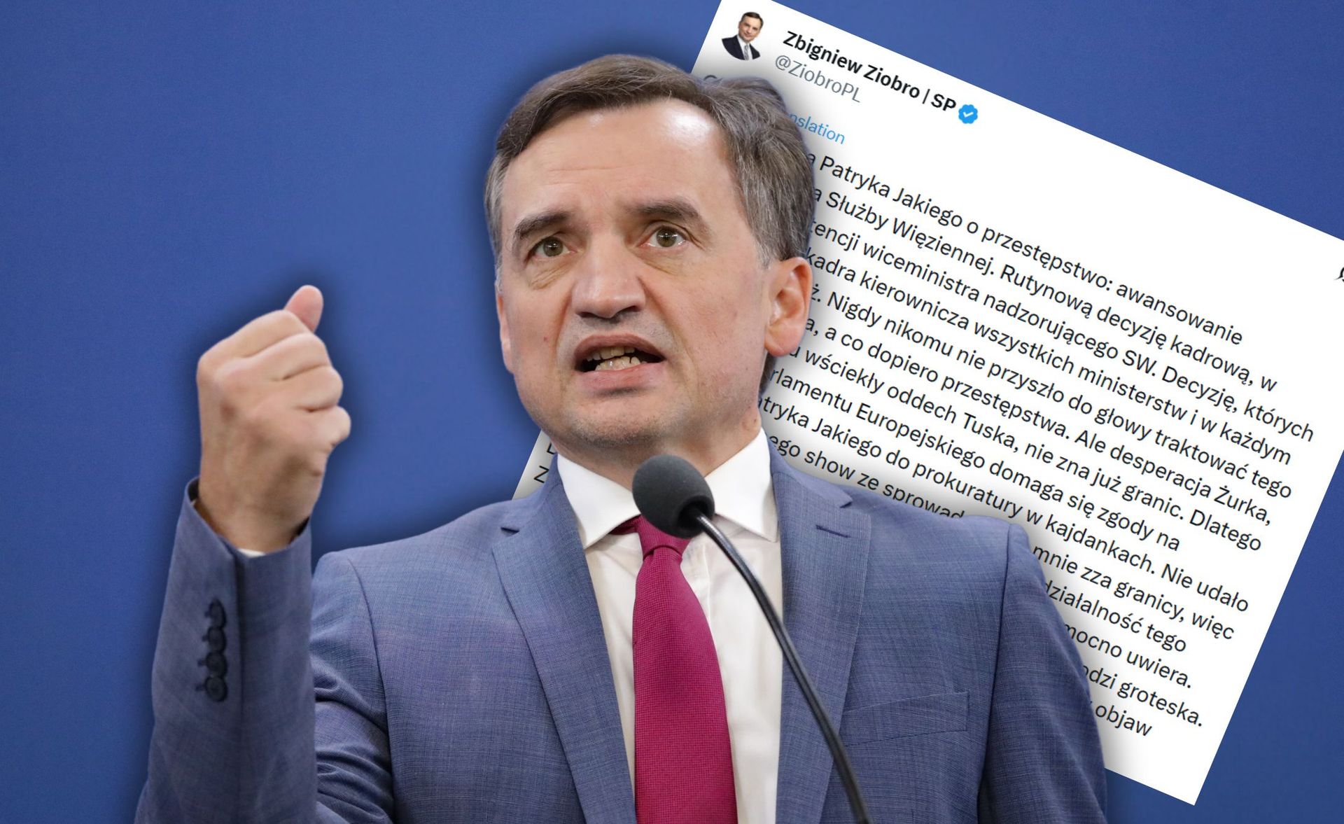 Zbigniew Ziobro skomentował zarzuty, jakie szef MS kieruje pod adresem europosła Patryka Jakiego w związku z awansowaniem funkcjonariusza Służby Więziennej. Polityk uderzył jednocześnie w ostrym tonie w rząd Donalda Tuska.