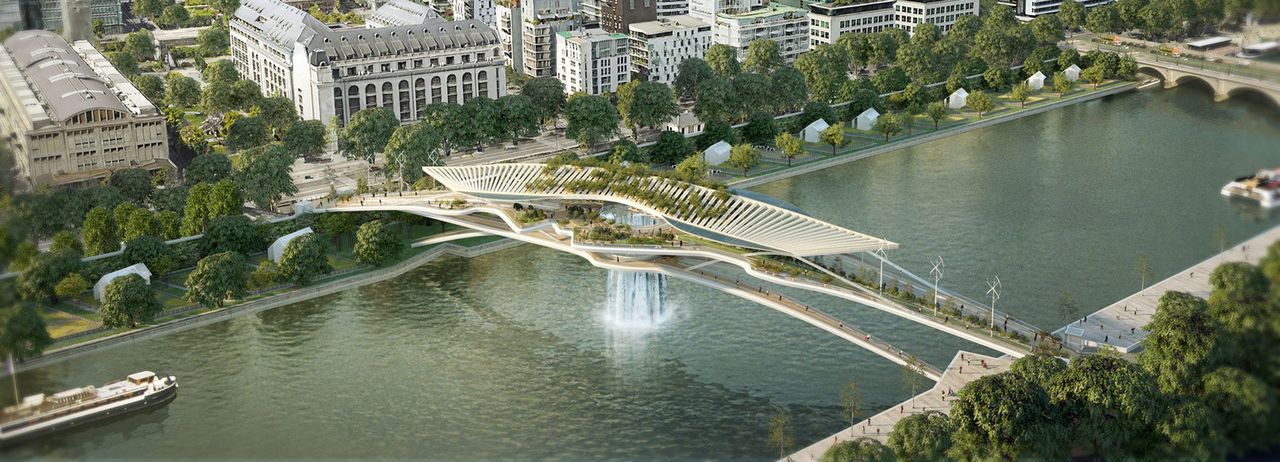 Wygląda jak futurystyczna dzielnica z filmu science-fiction. Most z wodospadem to efektowna wizja Paryża