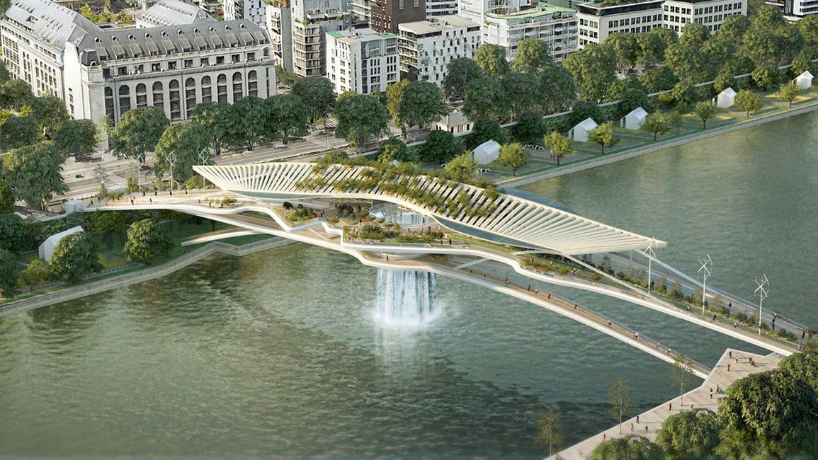 Wygląda jak futurystyczna dzielnica z filmu science-fiction. Most z wodospadem to efektowna wizja Paryża 1