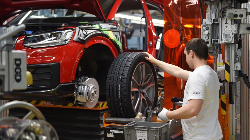 Audi Automobile Production At Ingolstadt Plant
INGOLSTADT, GERMANY - MARCH 14: A worker mounts a wheel to an Audi sedan on an assembly line at the Audi automobile plant on March 14, 2018 in Ingolstadt, Germany. U.S. President Donald Trump has threatened to impose tariffs on German-made cars should the European Union impose counter tariffs on U.S. products following the announcement by Trump to hit imported steel and aluminum with tariffs. (Photo by Andreas Gebert/Getty Images)
Andreas Gebert