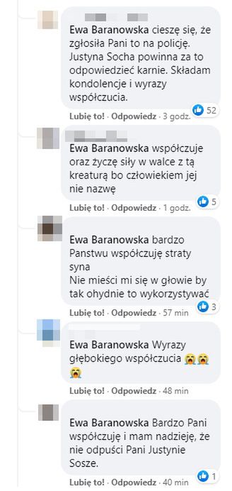 Internauci wyrazili wsparcie dla Ewy Baranowskiej, o którego śmierci napisała na Facebooku Justyna Socha