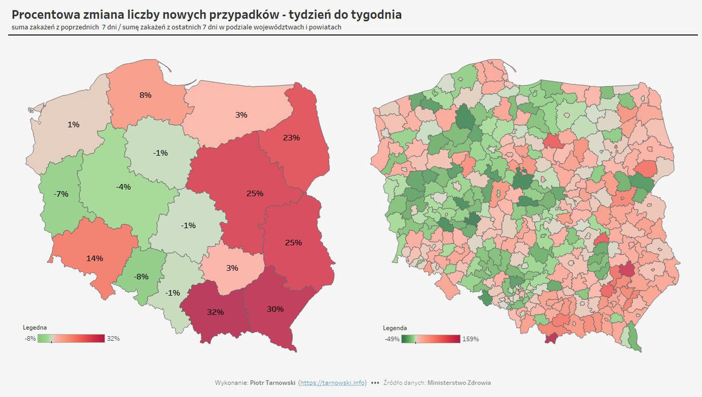 Piąta fala epidemii właśnie się zaczyna. Na czerwono zaznaczono regiony, gdzie odnotowano już wzrost tygodniowej liczby zakażeń (Fot. Tarnowski.info/Piotr Tarnowski)