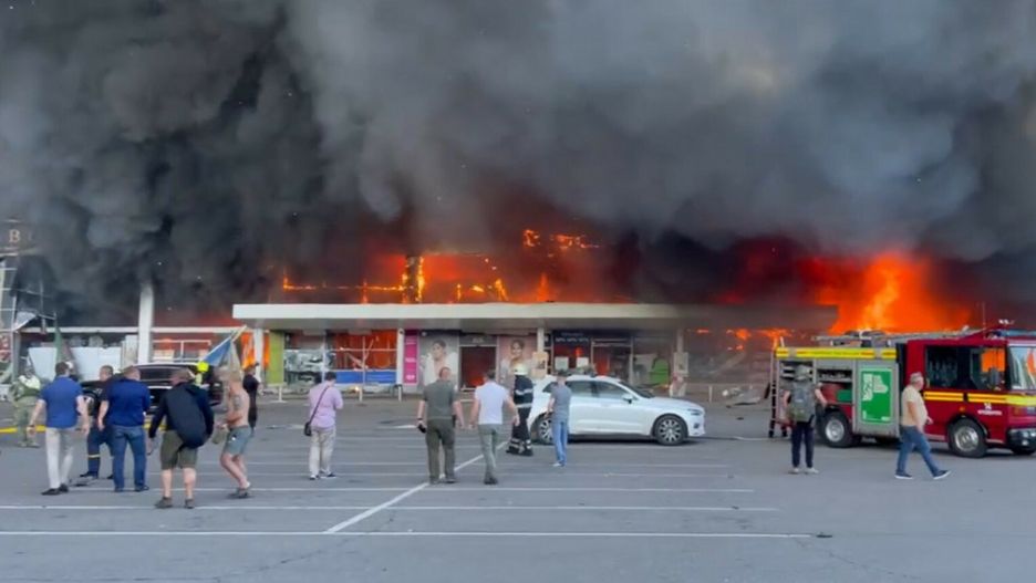 Wojna w Ukrainie - Krzemie?czuk**VIDEO AVAILABLE CONTACT INFO@COVERMG.COM**This video, posted on the official Telegram channel of Ukraine?s President Volodymyr Zelenskyy, shows the shocking scene following a Russian missile attack on a shopping mall in Kremenchuk in the Poltava region in central Ukraine at 3.50 pm local time on Monday afternoon. Zelenskyy wrote, ?The occupiers fired rockets at the mall, where there were more than a thousand civilians. The mall is on fire, rescuers are fighting the fire, the number of victims is impossible to imagine. "No danger to the Russian army. No strategic value. Only the attempt of people to live a normal life, which so angers the occupiers. "Russia continues to place its powerlessness on ordinary citizens. It is useless to hope for adequacy and humanity on her part.? Kremenchuk?s mayor, Vitaly Maletsky, also wrote on Facebook: ?The rocket strike on Kremenchuk came in a very crowded place, which is 100% nothing to do with military action. There are dead and injured. THE RUSSIANS WILL BURN IN HELL! Together with all relevant services, I am at the scene of the tragedy.?Officials from Ukraine's State Emergency Service said at least two people died and 20 were injured in the attack. The missile strike came the day after an apartment building in Kyiv?s top floors were destroyed by another Russian missile strike.Where: Kremenchuk, Poltava Oblast, UkraineWhen: 27 Jun 2022Credit: Office of the President of Ukraine/Cover Images**EDITORIAL USE ONLY. MATERIALS ONLY TO BE USED IN CONJUNCTION WITH EDITORIAL STORY. THE USE OF THESE MATERIALS FOR ADVERTISING, MARKETING OR ANY OTHER COMMERCIAL PURPOSE IS STRICTLY PROHIBITED. MATERIAL COPYRIGHT REMAINS WITH STATED SUPPLIER.**