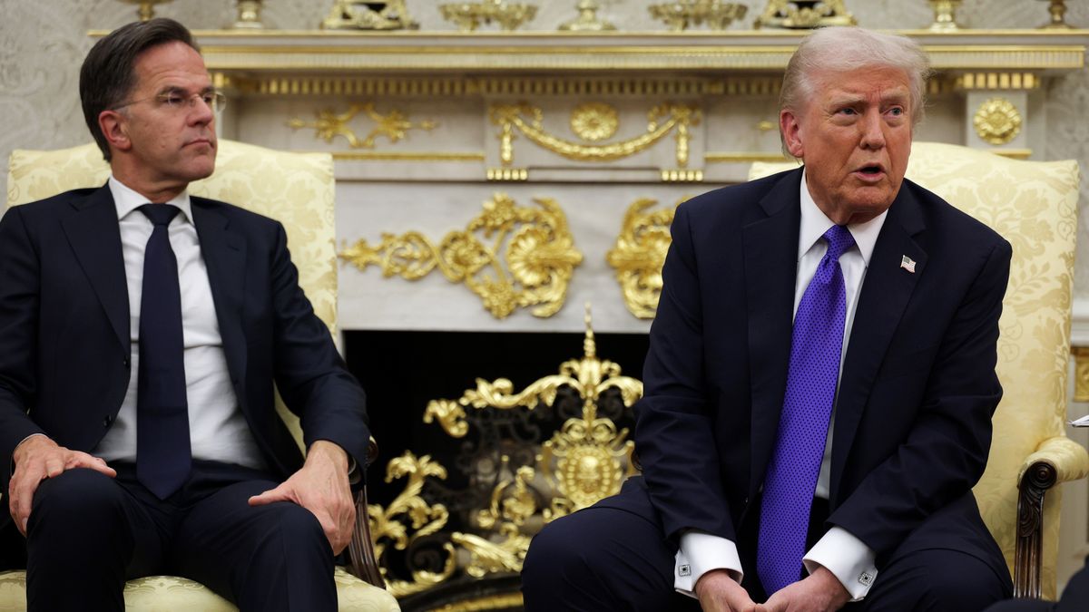 WASHINGTON, DC - OCTOBER 22: U.S. President Donald Trump (R) speaks to reporters during a meeting with NATO Secretary General Mark Rutte in the Oval Office of the White House on October 22, 2025 in Washington, DC. Less than a week after hosting Ukrainian President Volodymyr Zelensky, Trump is meeting with Rutte to discuss the war in Ukraine. (Photo by Alex Wong/Getty Images)