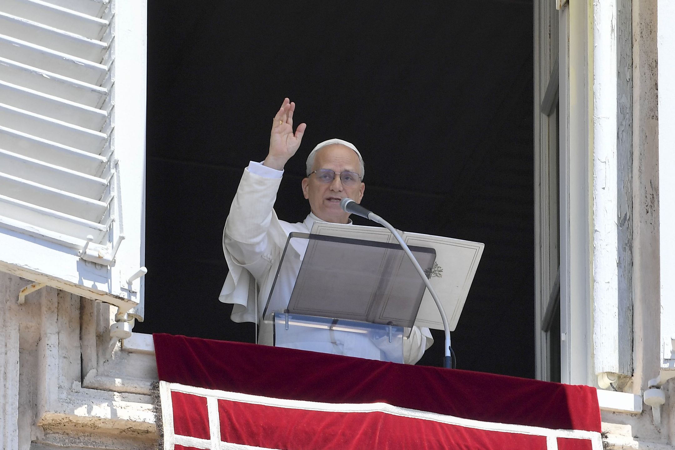 VATICAN CITY, VATICAN - MAY 25: (EDITOR NOTE: STRICTLY EDITORIAL USE ONLY - NO MERCHANDISING). Pope Leo XIV recites his first Regina Coeli address from the window of the Apostolic Palace overlooking St. Peter's Square on May 25, 2025 in Vatican City, Vatican. Pope Leo XIV was elected on May 8 after the death of Pope Francis. (Photo by Vatican Media via Vatican Pool/Getty Images)
