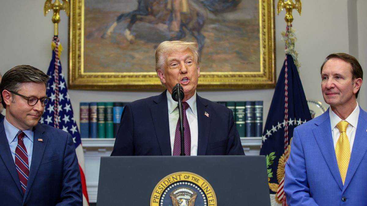 US House Speaker Mike Johnson, a Republican from Louisiana, from left, US President Donald Trump, and Jeff Landry, governor of Lousiana, in the Roosevelt Room of the White House in Washington, DC, US, on Monday, March 24, 2025. Trump celebrated plans by Hyundai Motor Co. to mount a significant expansion in the US, casting it as a vindication of his administration's use of tariffs to pressure foreign manufacturers to create American jobs. Photographer: Samuel Corum/Sipa/Bloomberg via Getty Images
