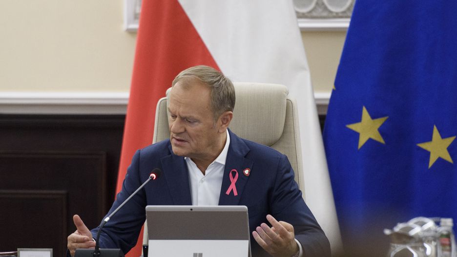 Poland's Prime Minister Donald Tusk gestures as he takes part in the weekly Ministerial meeting in Warsaw, Poland, on October 15, 2024. (Photo by Aleksander Kalka/NurPhoto via Getty Images)